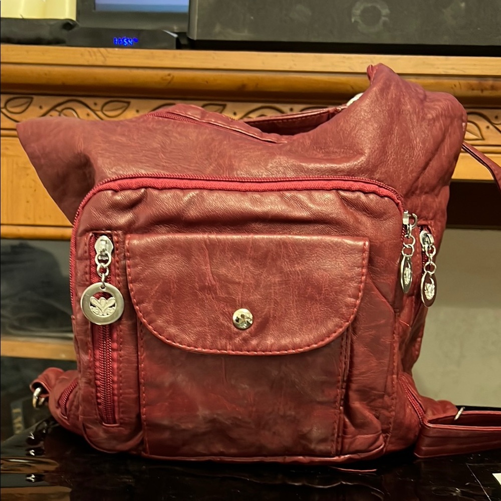Red Textured Backpack with Silver Hardware